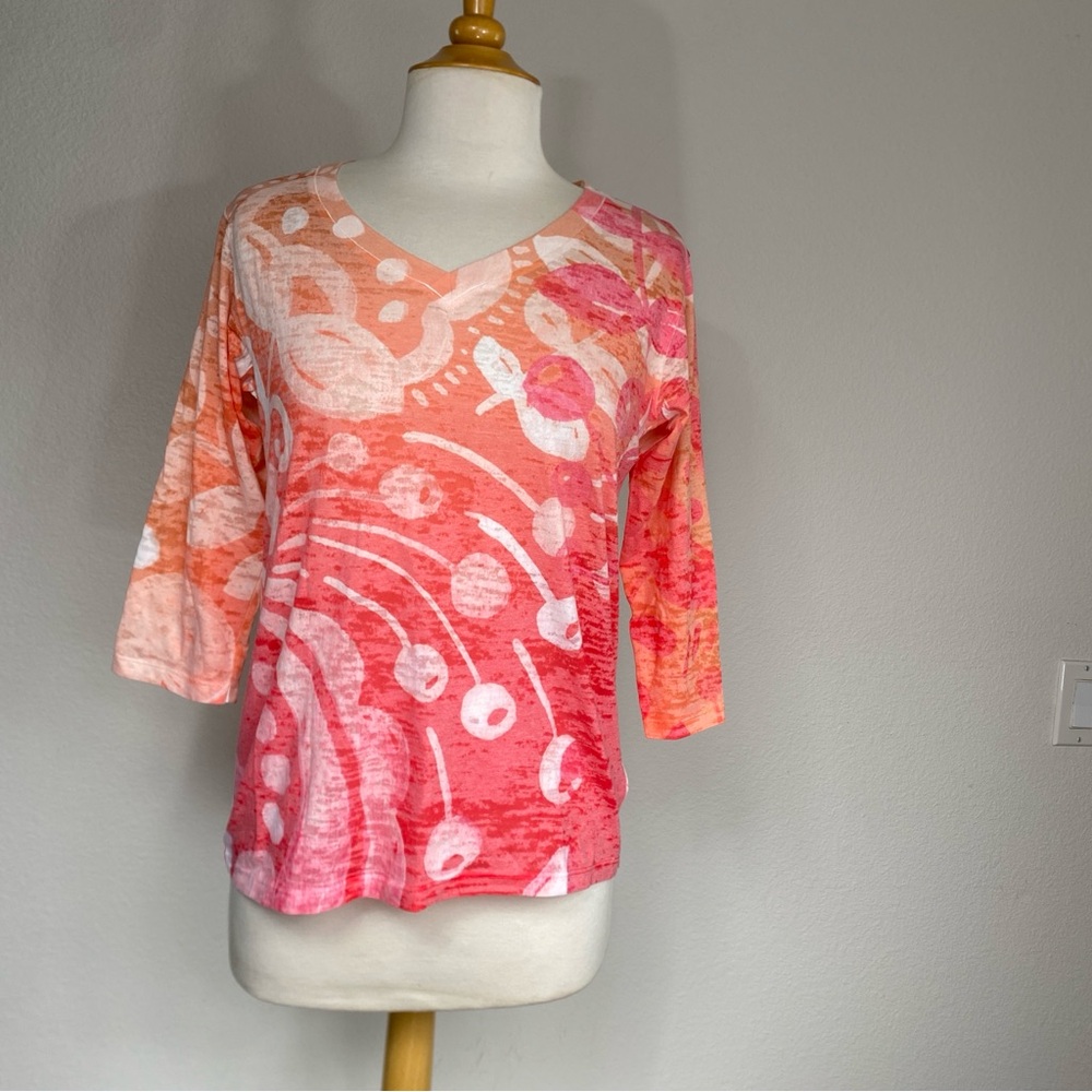 Before + Again Womens Peach Red Burnout Lightweight 3/4 Sleeve T-Shirt Size L